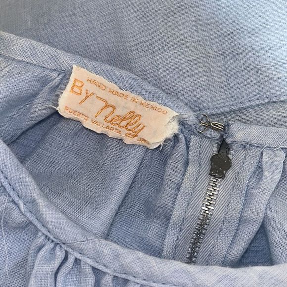 Vintage 40s 50s blue handcrafted embroidered linen Mexican shift dress mod sz XL - Picture 5 of 12